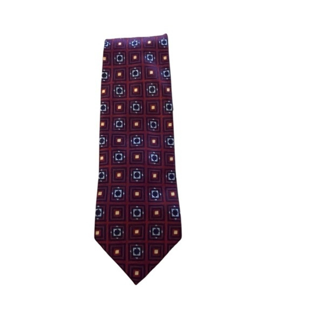 BARNEYS New York luxury Italian silk tie, red, navy blue & gold geometric
